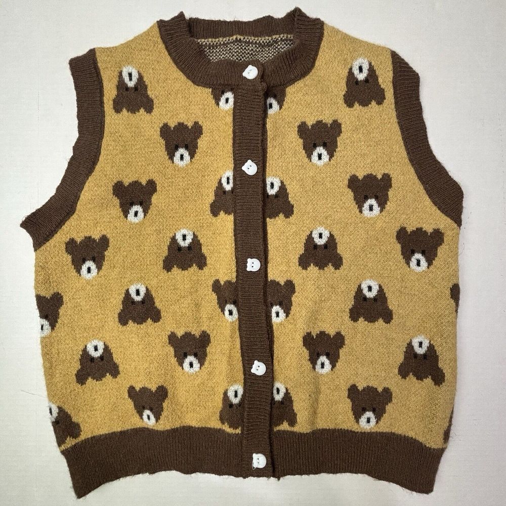 Cider Cute Sweater Vest Small Allover Teddy Bears Buttons Down Grandpa Cozy EUC‎